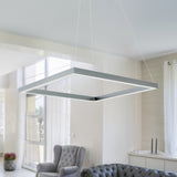 Underside view of integrated LED lighting on square pendant fixture