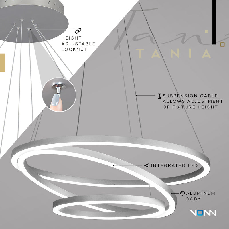 VONN Tania Trio VMC32500AL 32" Integrated LED ETL Certified Ring Chandelier Height Adjustable Silver Pendant