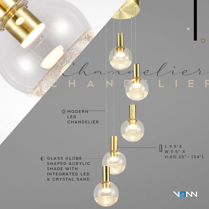 VONN Artisan Sienna VAC3185BRS 5-Light ETL Certified Integrated LED Pendant, Height Adjustable Chandelier, Brass