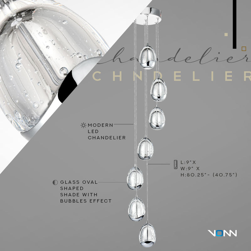 VONN Artisan Venezia VAC3207CH 7-Light Integrated LED ETL Certified Pendant, Height Adjustable Chandelier, Chrome