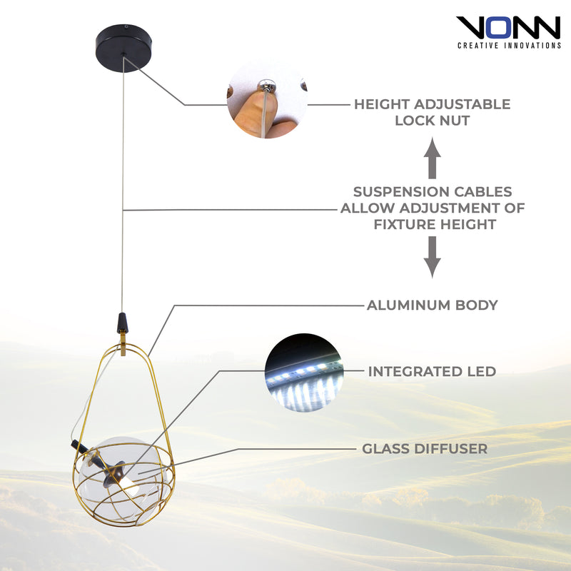 VONN Artisan Firenze VAP2151AB 8" Integrated LED ETL Certified Height Adjustable Pendant with Glass Shade