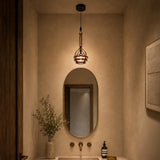 7" LED Oil Rubbed Bronze Pendant with Glass Shade and Leather Strap in the Powder Room | VONN Lighting
