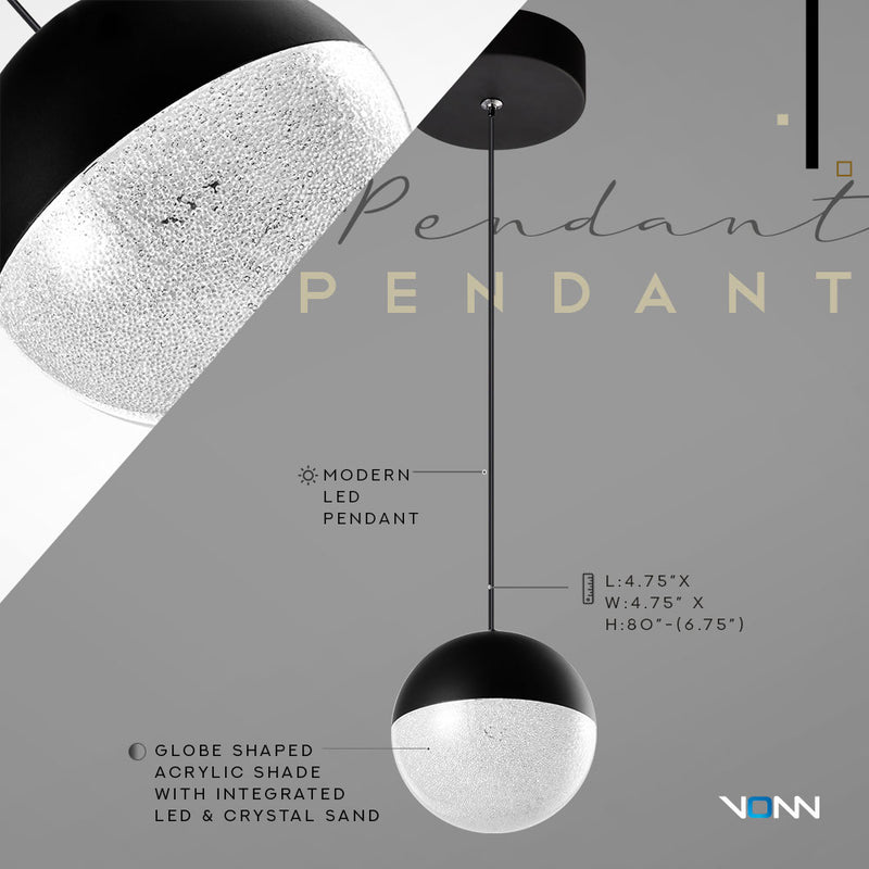 Artisan Ravello VAP2281BL 5" Integrated LED ETL Certified Height Adjustable Pendant w/ Globe Shade