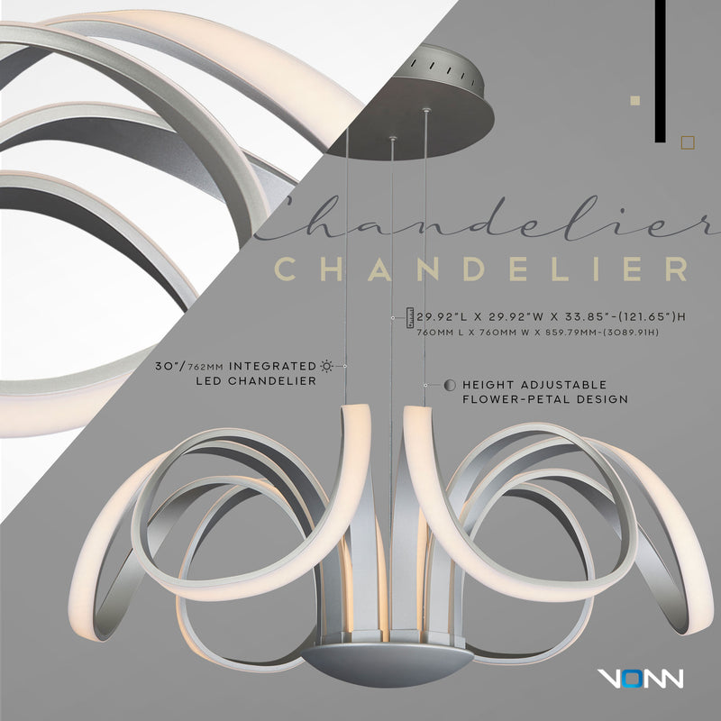 VONN Capella VMC32420AL 30" Integrated LED ETL Certified Chandelier Height Adjustable Pendant in Silver