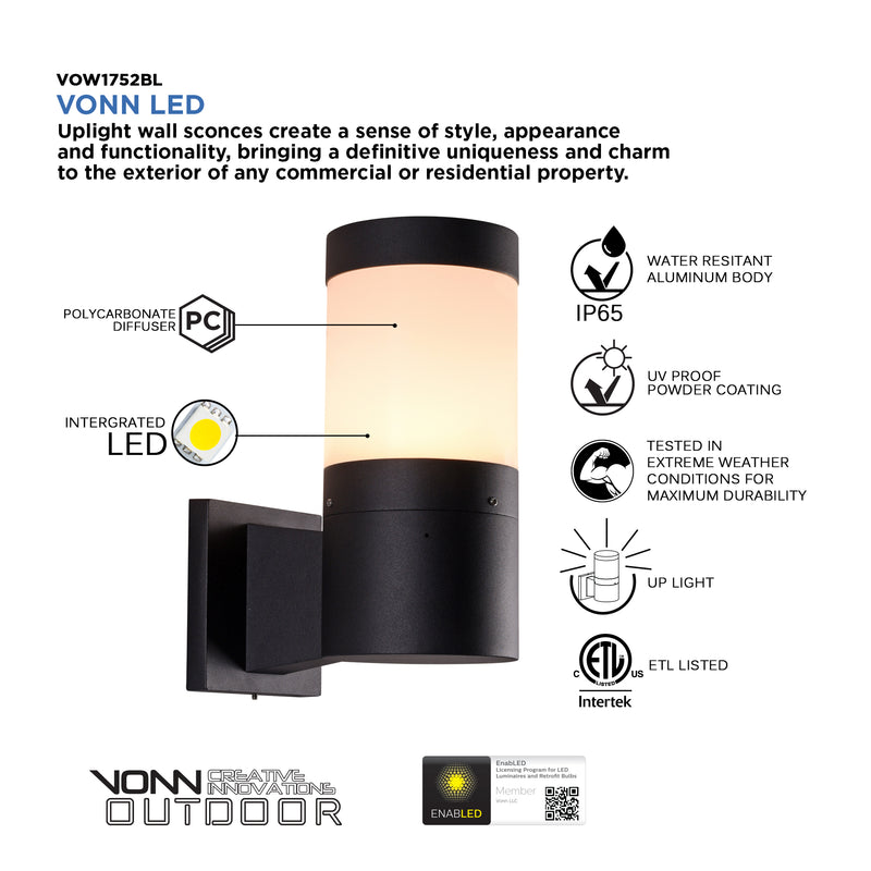 VONN 11" Modern VOW1752BL 5-Watt ETL Certified Integrated LED Outdoor Wall Sconce in Matte Black
