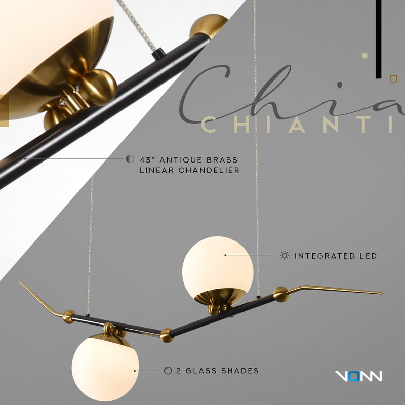 VONN Artisan Chianti VAC3122AB 43" Integrated LED ETL Certified Height Adjustable Pendant, Chandelier, Antique Brass