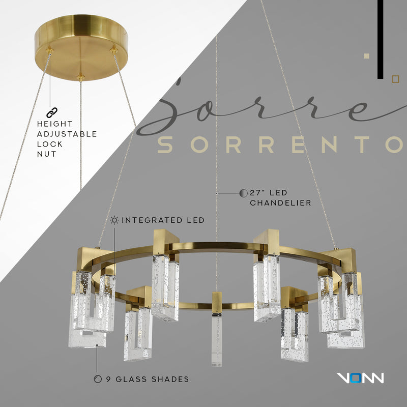VONN Artisan Sorrento VAC3139AB 27" Integrated LED ETL Certified Pendant, Height Adjustable Ring Chandelier, Antique Brass