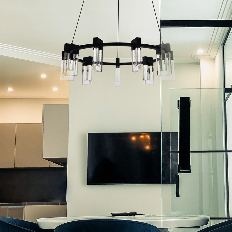 VONN Artisan Sorrento VAC3139BL 27" 9-Light ETL Cert Integrated LED Pendant, Height Adjustable Ring Chandelier, Black