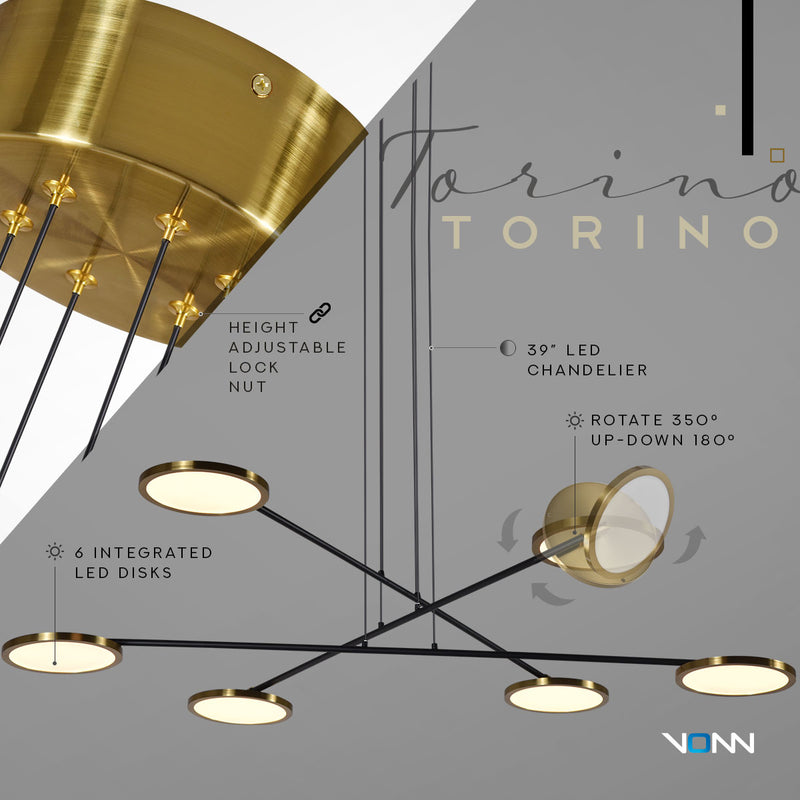 Artisan Torino VAC3196AB 39" Height Adjustable Integrated LED ETL Certified Chandelier, Disks Rotate, Antique Brass