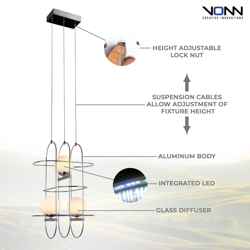 Artisan Lyra VAC3273CH 16" Integrated LED ETL Certified Height Adjustable Chandelier, Chrome Pendant