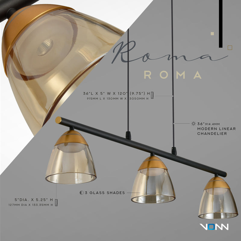 VONN Artisan Roma VAC3293BL 36" Integrated LED ETL Certified Pendant, Height Adjustable Chandelier, Black