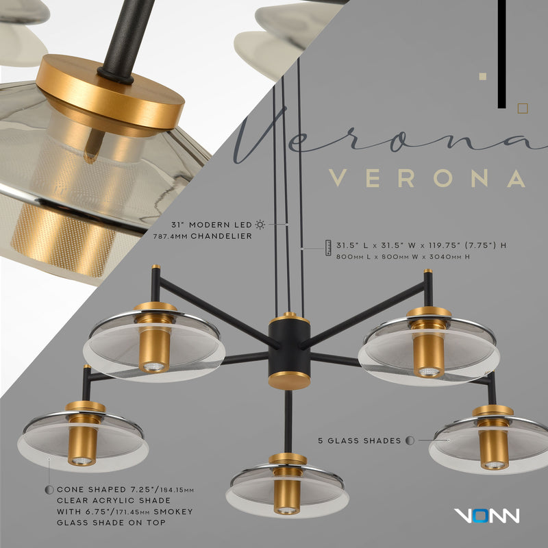 VONN Artisan Verona VAC3315BL 31" Integrated LED ETL Certified Pendant, Height Adjustable Chandelier, Black