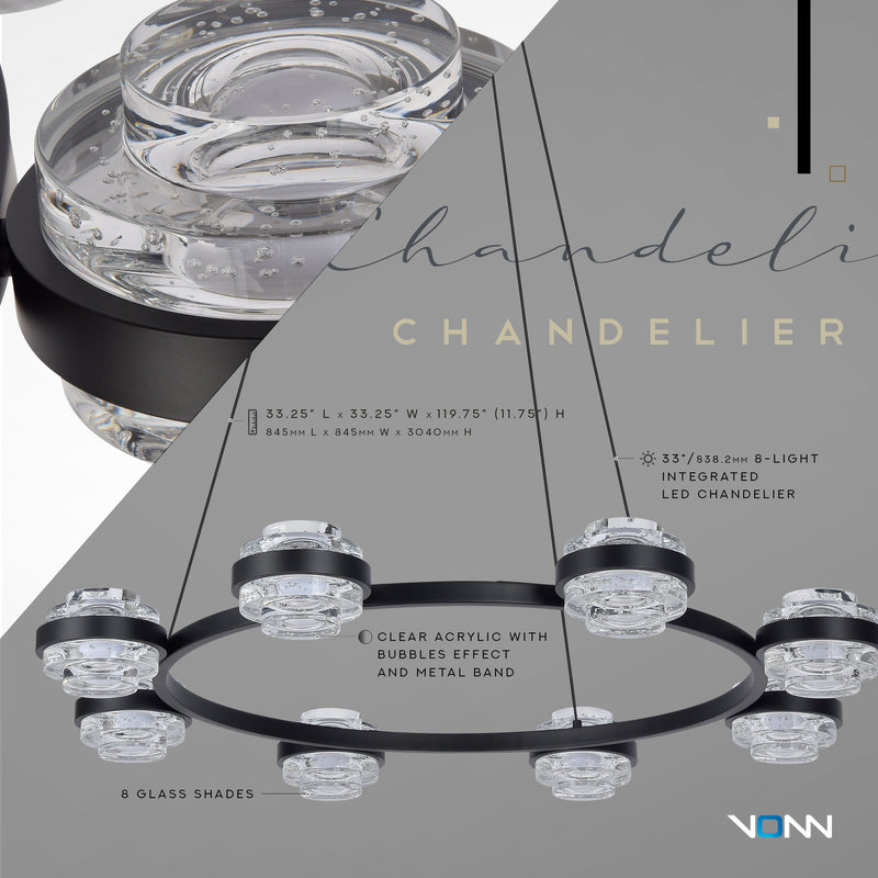 Artisan Milano VAC3338BL 33" Integrated LED ETL Certified Pendant, Height Adjustable Chandelier, Black
