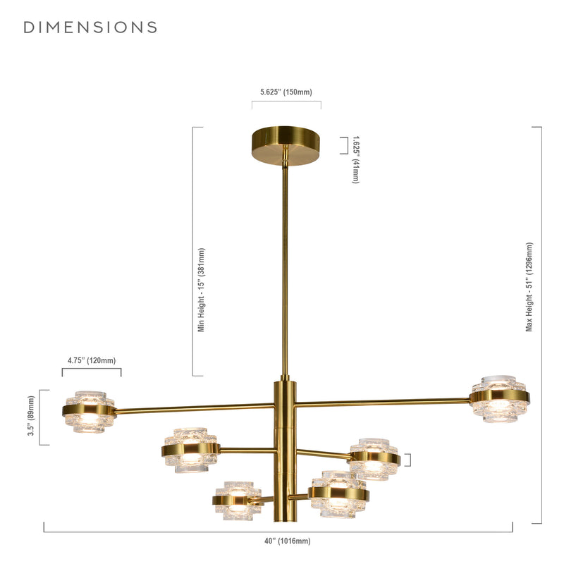 VONN Artisan Milano VAC333RD6AB 40" Integrated LED ETL Certified Chandelier with Height Adjustable Rods, Antique Brass