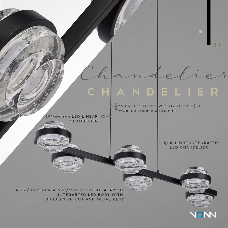 Artisan Milano VAC3LN336BL 39" Integrated LED ETL Certified Pendant, Height Adjustable Chandelier