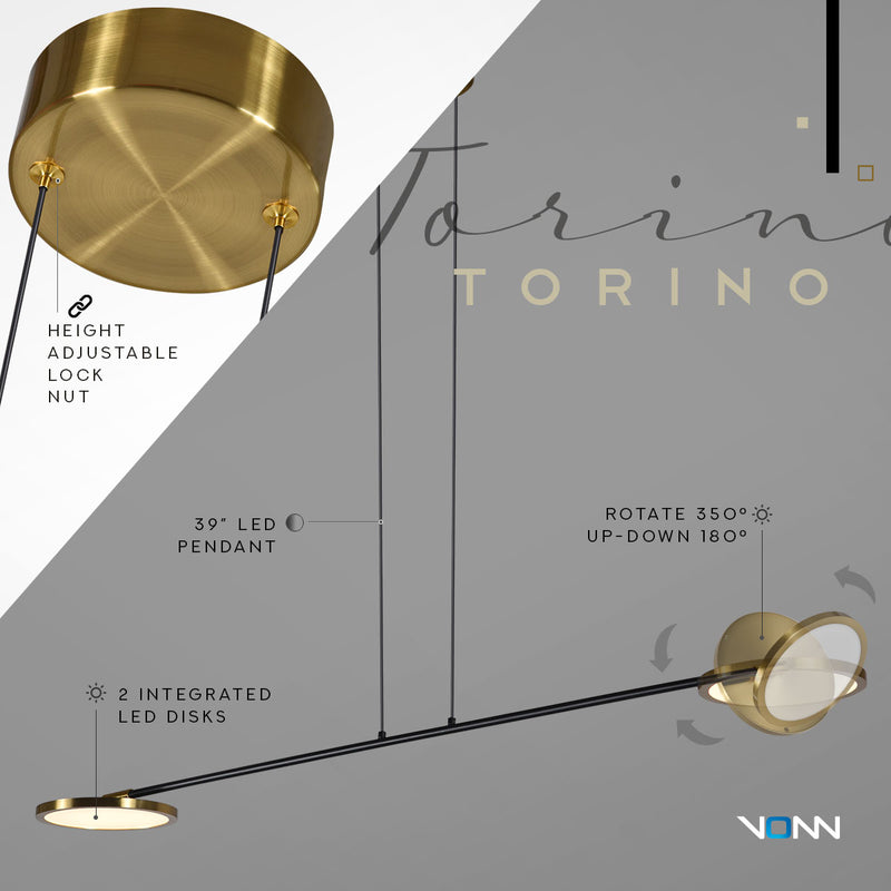 VONN Artisan Torino VAP2192AB 39" Integrated LED ETL Certified Height Adjustable Pendant, Rotating Disks, Antique Brass