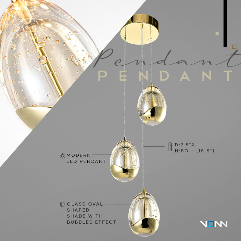 VONN Artisan Venezia VAP2203GL 3-Light Integrated LED ETL Certified Pendant, Height Adjustable Chandelier, Gold