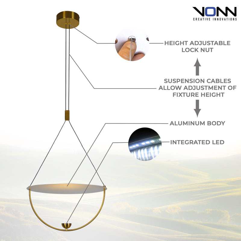 Artisan Como VAP224H1AB 16" Integrated LED ETL Certified Height Adjustable Pendant in Antique Brass