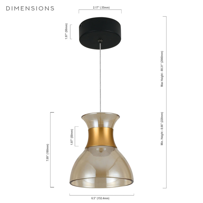Artisan Palermo VAP2301BL 7" Up-Down Integrated LED ETL Certified Height Adjustable Pendant, Black