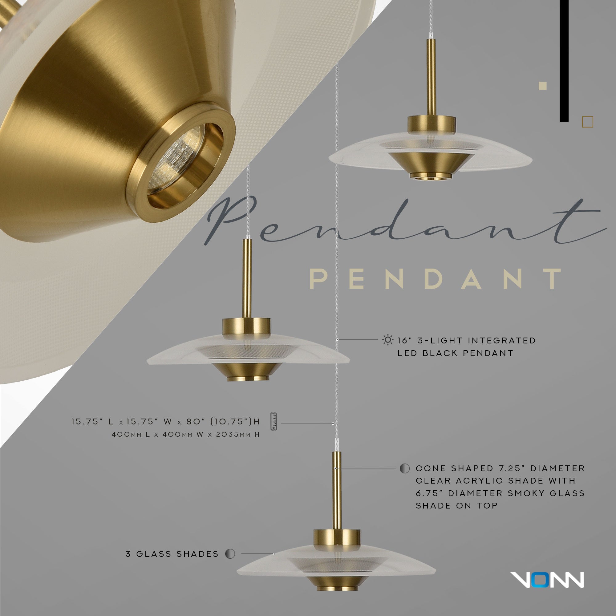 Ferrara VAP2323AB 16" 3-Light Integrated LED Pendant Lighting Height Adjustable Chandelier in Antique Brass