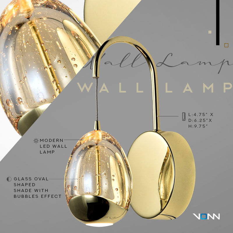 VONN Artisan Venezia VAW1201GL 5" Integrated LED ETL Certified Wall Sconce Light with Glass Shade, Gold