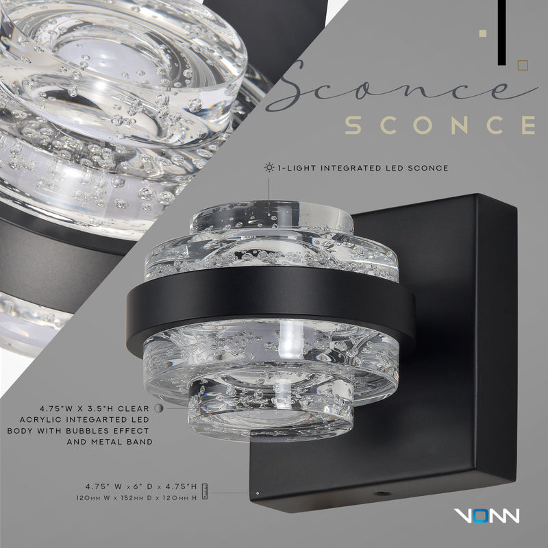 Artisan Milano VAW1331BL 6" 1-Light Integrated LED ETL Certified Wall Sconce Lighting, Black