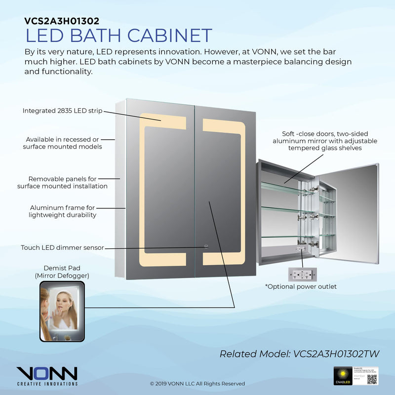 VONN VCS2A3H01302 Integrated LED Medicine Cabinet 24"W x 28"H x 4.75"D or 30"W x 28"H x 4.75"D