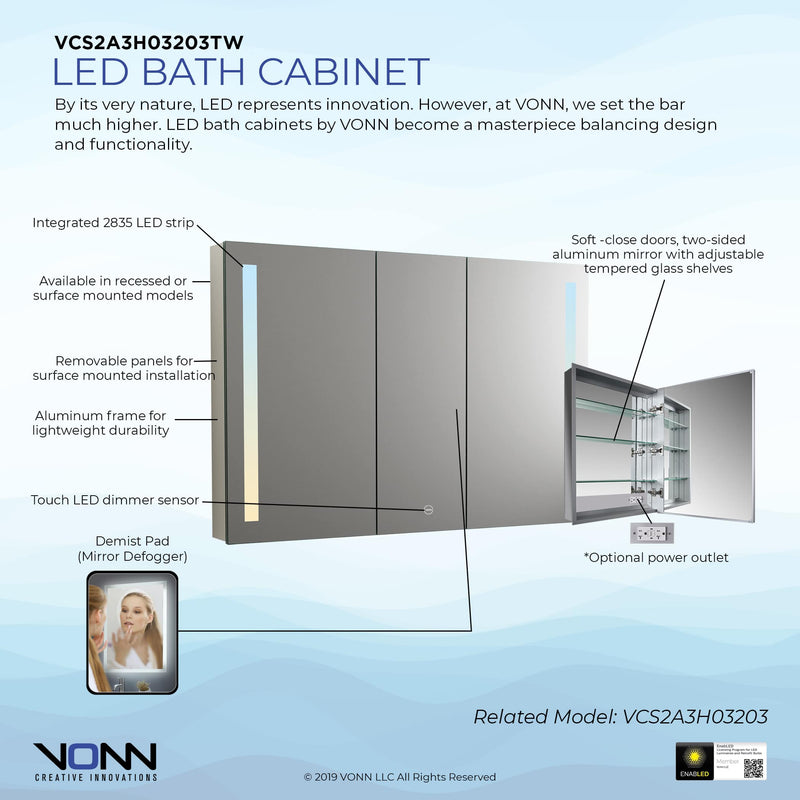 VONN VCS2A3H03203TW Tunable White Medicine Cabinet 48"W x 28"H x 4.75"D