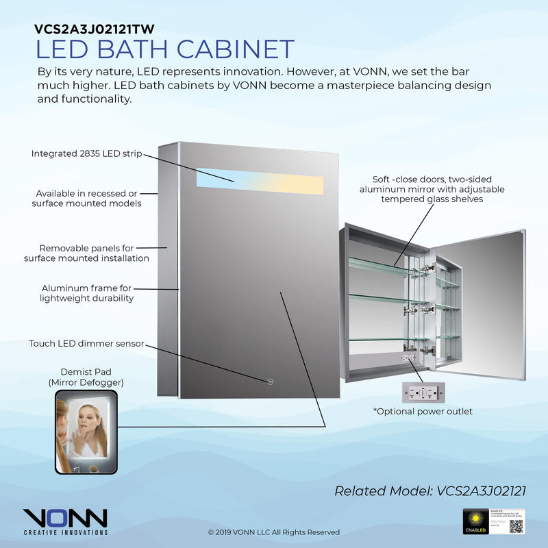 VONN VCS2A3J02121TW Tunable White Medicine Cabinet 19.5"W x 28"H x 4.75"D