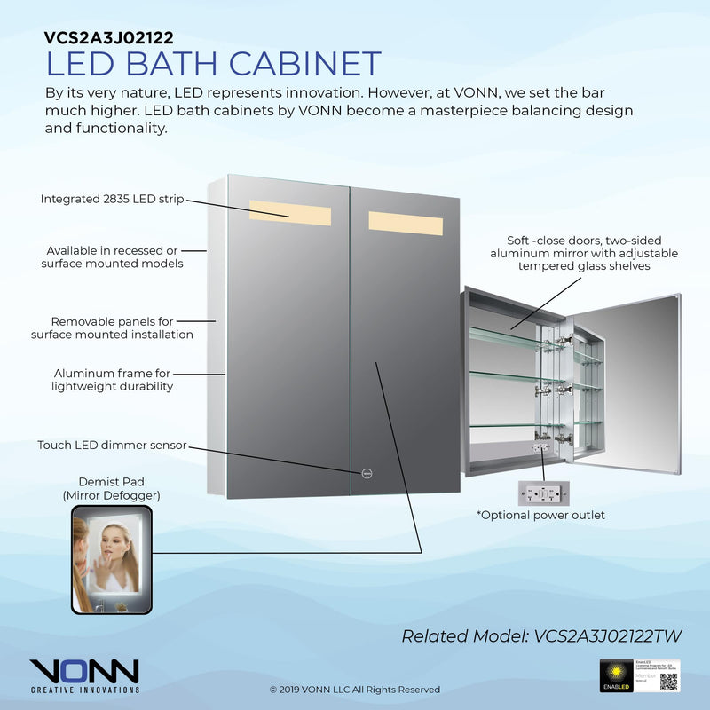 VONN VCS2A3J02122 Integrated LED Medicine Cabinet 24"W x 28"H x 4.75"D or 30"W x 28"H x 4.75"D
