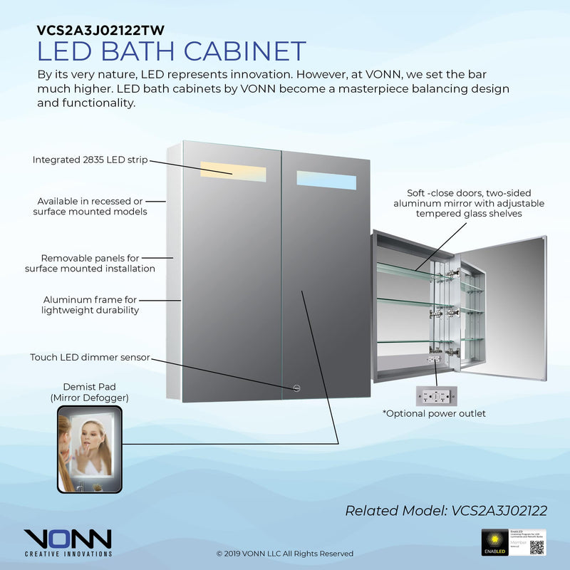 VONN VCS2A3J02122TW Tunable White Medicine Cabinet 24"W x 28"H x 4.75"D or 30"W x 28"H x 4.75"D
