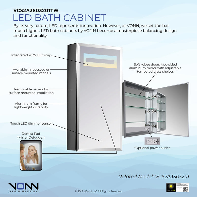 VONN VCS2A3S03201 Integrated LED Medicine Cabinet 19.5"W x 28"H x 4.75"D