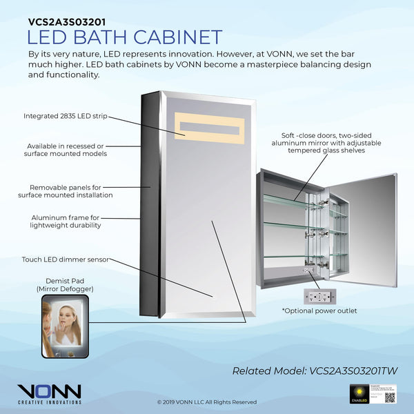 VONN VCS2A3S03201 Integrated LED Medicine Cabinet 19.5"W x 28"H x 4.75"D