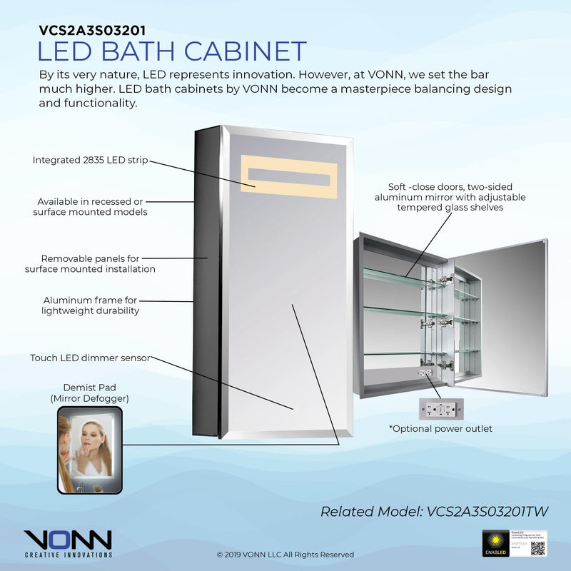 VONN VCS2A3S03201 Integrated LED Medicine Cabinet 19.5"W x 28"H x 4.75"D