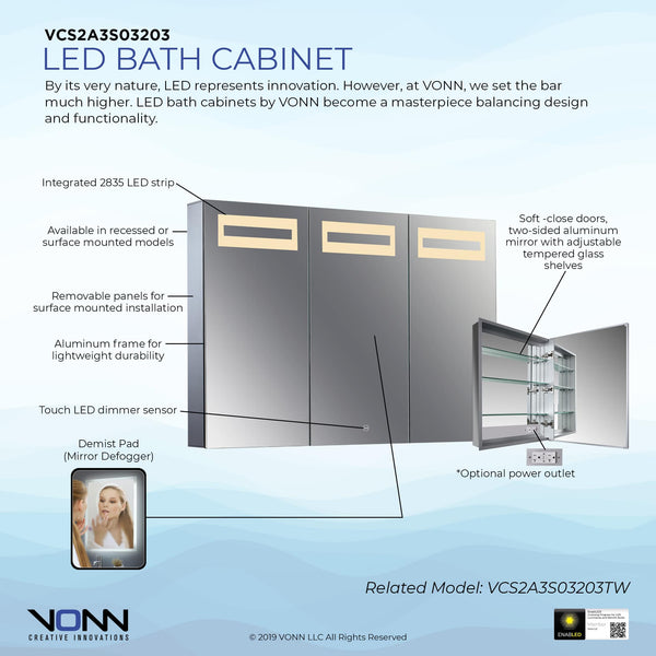 VONN VCS2A3S03203 Integrated LED Medicine Cabinet 48"W x 28"H x 4.75"D