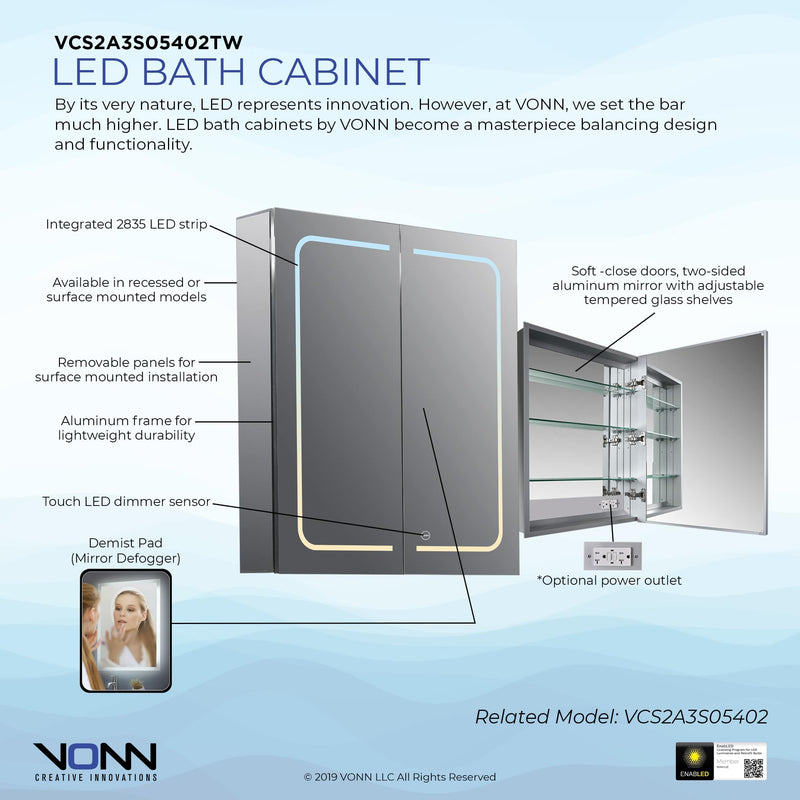 VONN VCS2A3S05402TW Tunable White Medicine Cabinet 24"W x 28"H x 4.75"D or 30"W x 28"H x 4.75"D