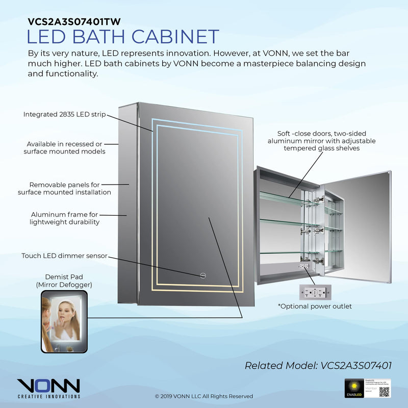VONN VCS2A3S07401 Integrated LED Medicine Cabinet 19.5"W x 28"H x 4.75"D