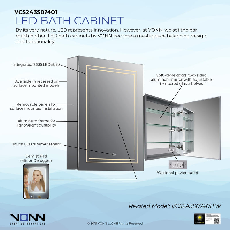 VONN VCS2A3S07401 Integrated LED Medicine Cabinet 19.5"W x 28"H x 4.75"D