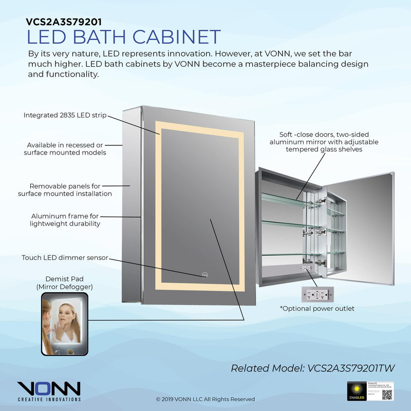 VONN VCS2A3S79201 Integrated LED Medicine Cabinet 19.5"W x 28"H x 4.75"D