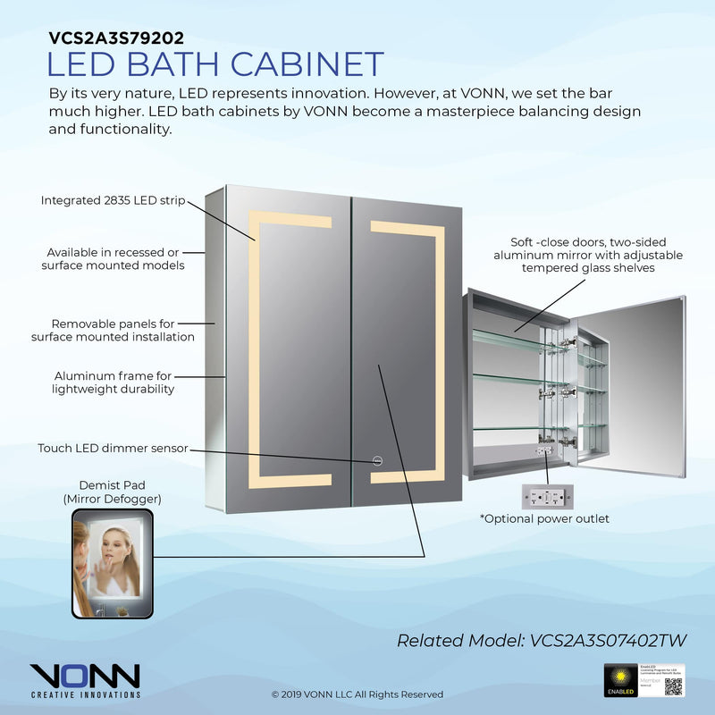 VONN VCS2A3S79202TW Tunable White Medicine Cabinet 24"W x 28"H x 4.75"D or 30"W x 28"H x 4.75"D
