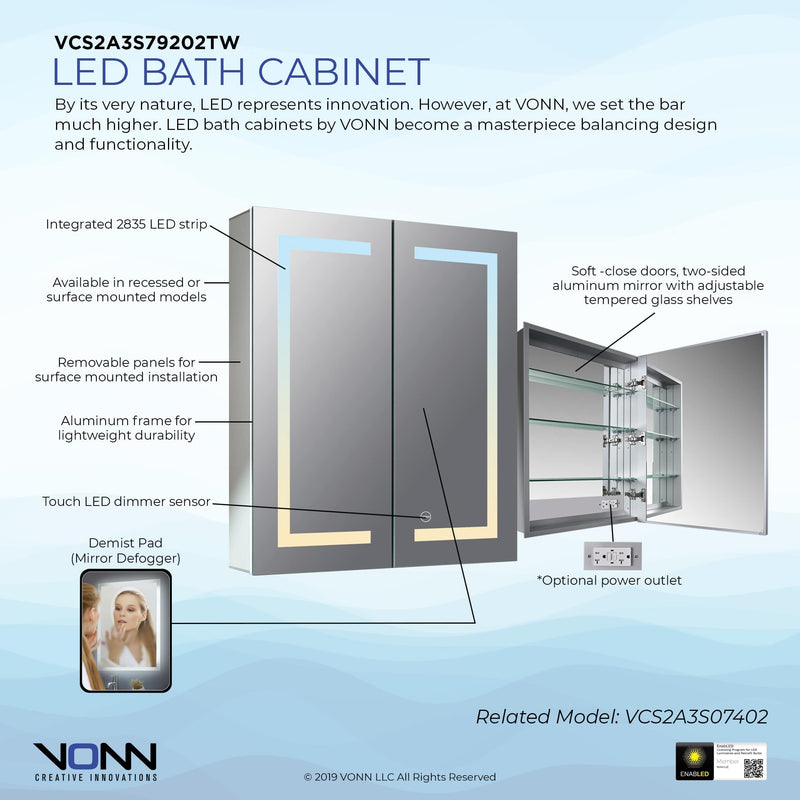 VONN VCS2A3S79202 Integrated LED Medicine Cabinet 24"W x 28"H x 4.75"D or 30"W x 28"H x 4.75"D