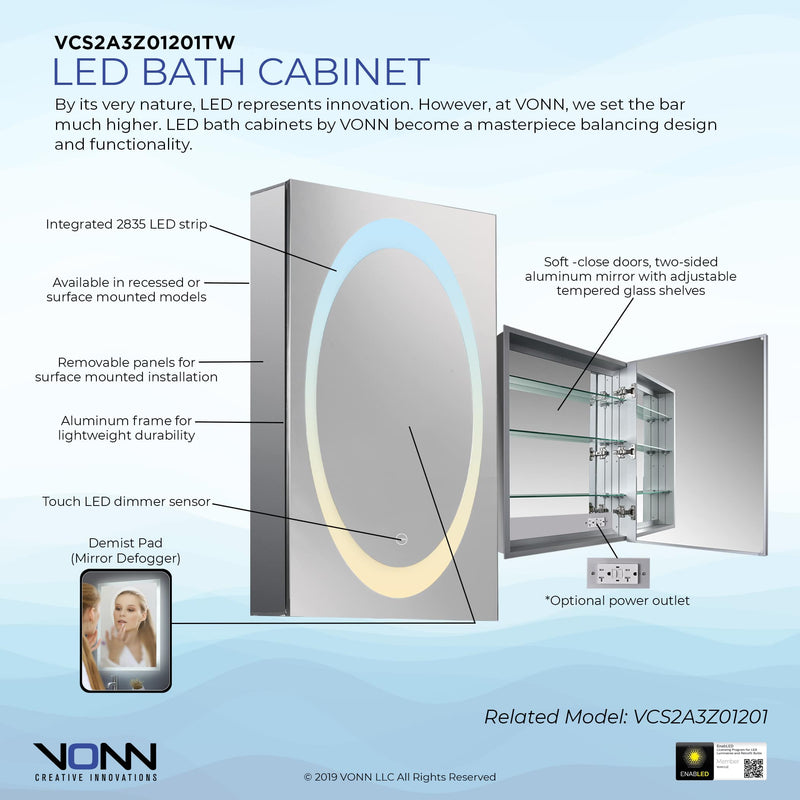 VONN VCS2A3Z01201 Integrated LED Medicine Cabinet 19.5"W x 28"H x 4.75"D