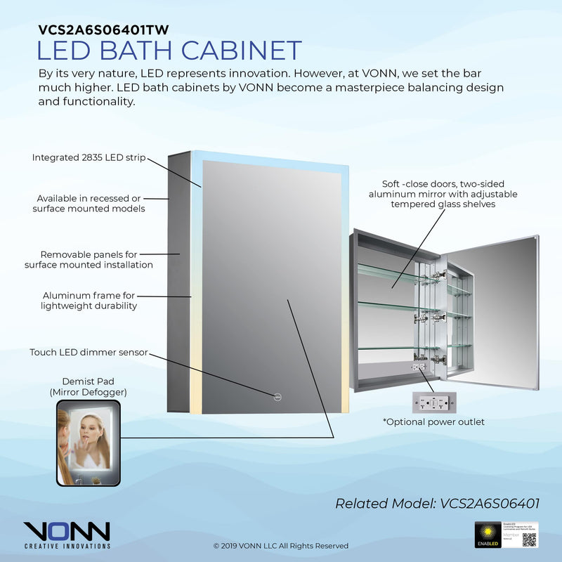 VONN VCS2A6S06401TW Tunable White Medicine Cabinet 19.5"W x 28"H x 5"D