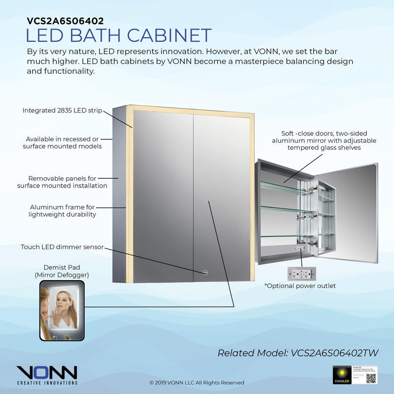 VONN VCS2A6S06402 Integrated LED Medicine Cabinet 24"W x 28"H x 5"D or 30"W x 28"H x 5"D