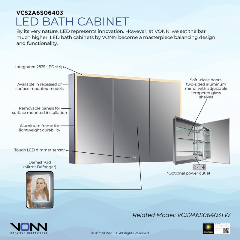 VONN VCS2A6S06403 Integrated LED Medicine Cabinet 48"W x 28"H x 5"D