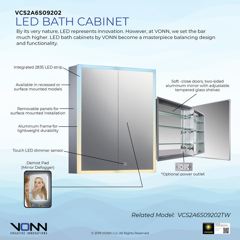 VONN VCS2A6S08202TW Tunable White Medicine Cabinet 24"W x 28"H x 5.3"D or 30"W x 28"H x 5.3"D