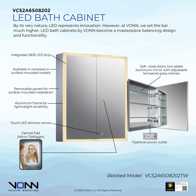 VONN VCS2A6S08202 Integrated LED Medicine Cabinet 24"W x 28"H x 5.3"D or 30"W x 28"H x 5.3"D