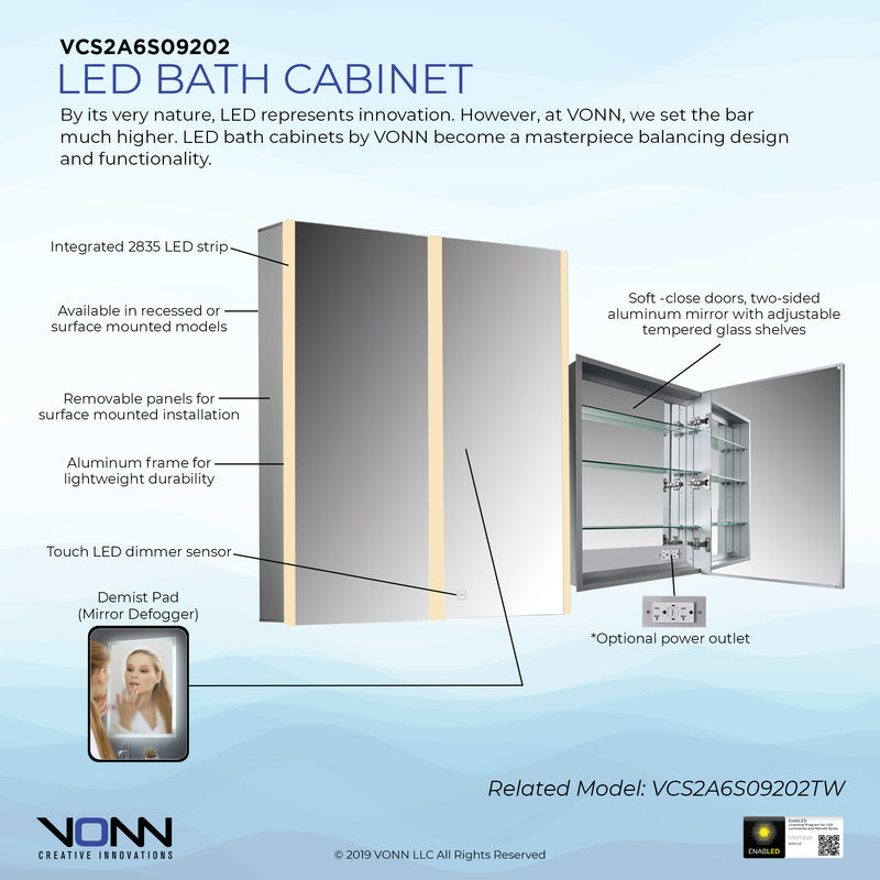 VONN VCS2A6S09202 Integrated LED Medicine Cabinet 24"W x 28"H x 5"D