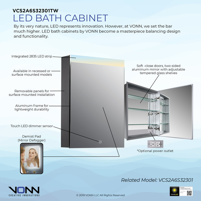 VONN VCS2A6S32301 Integrated LED Medicine Cabinet 19.5"W x 28"H x 5"D