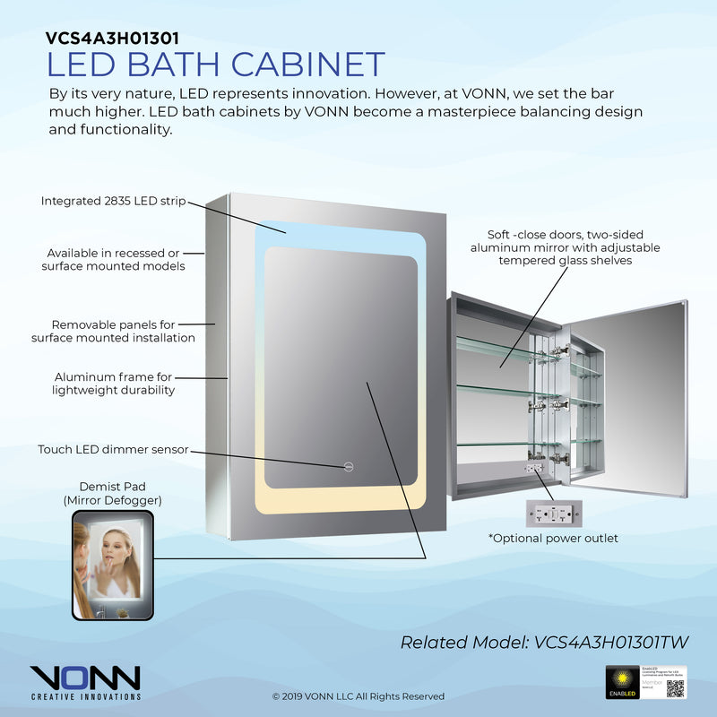 VONN VCS4A3H01301 Integrated LED Medicine Cabinet 19.5"W x 28"H x 5.3"D